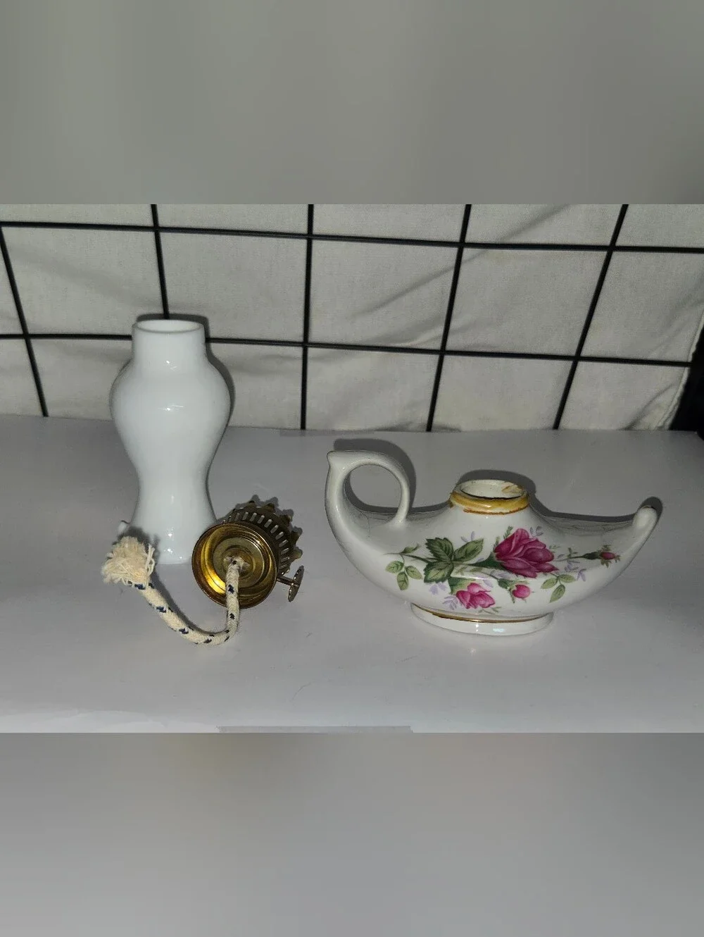 Vintage Miniature White Porcelain  Genie Oil Lamp